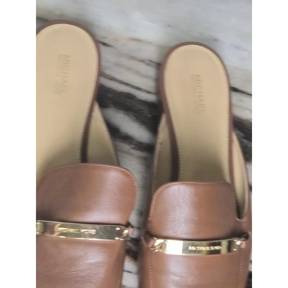Michael Kors Tiffanie Flat‎ Mule Brown Leather 8 Slide Preppy Designer Office